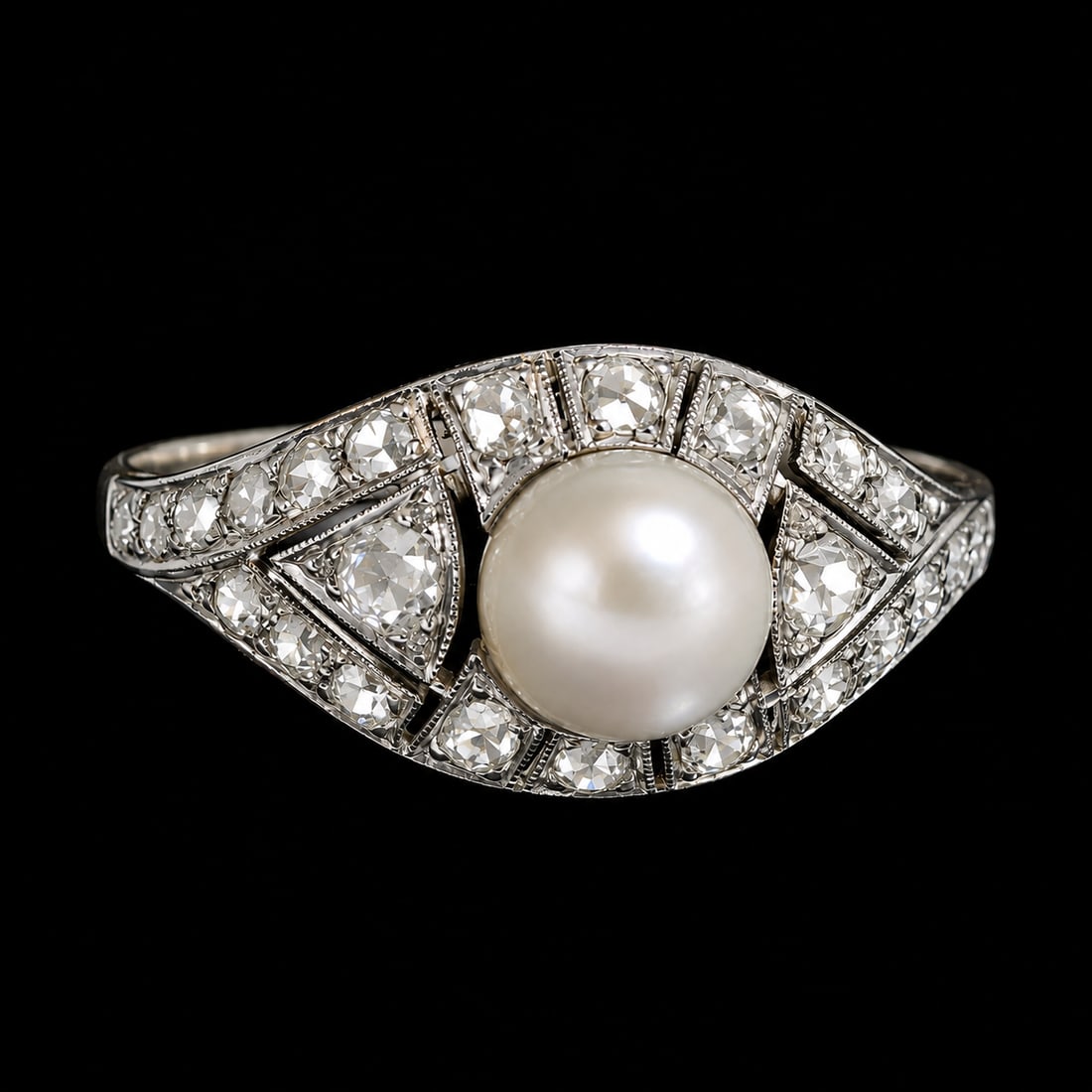 FINE ART-DECO PEARL AND DIAMOND RING: FINE ART-DECO PEARL AND DIAMOND RING,Testing high carat gold.Lovely pearl with good lustre (untested).Diamonds bright and lively.Size O.