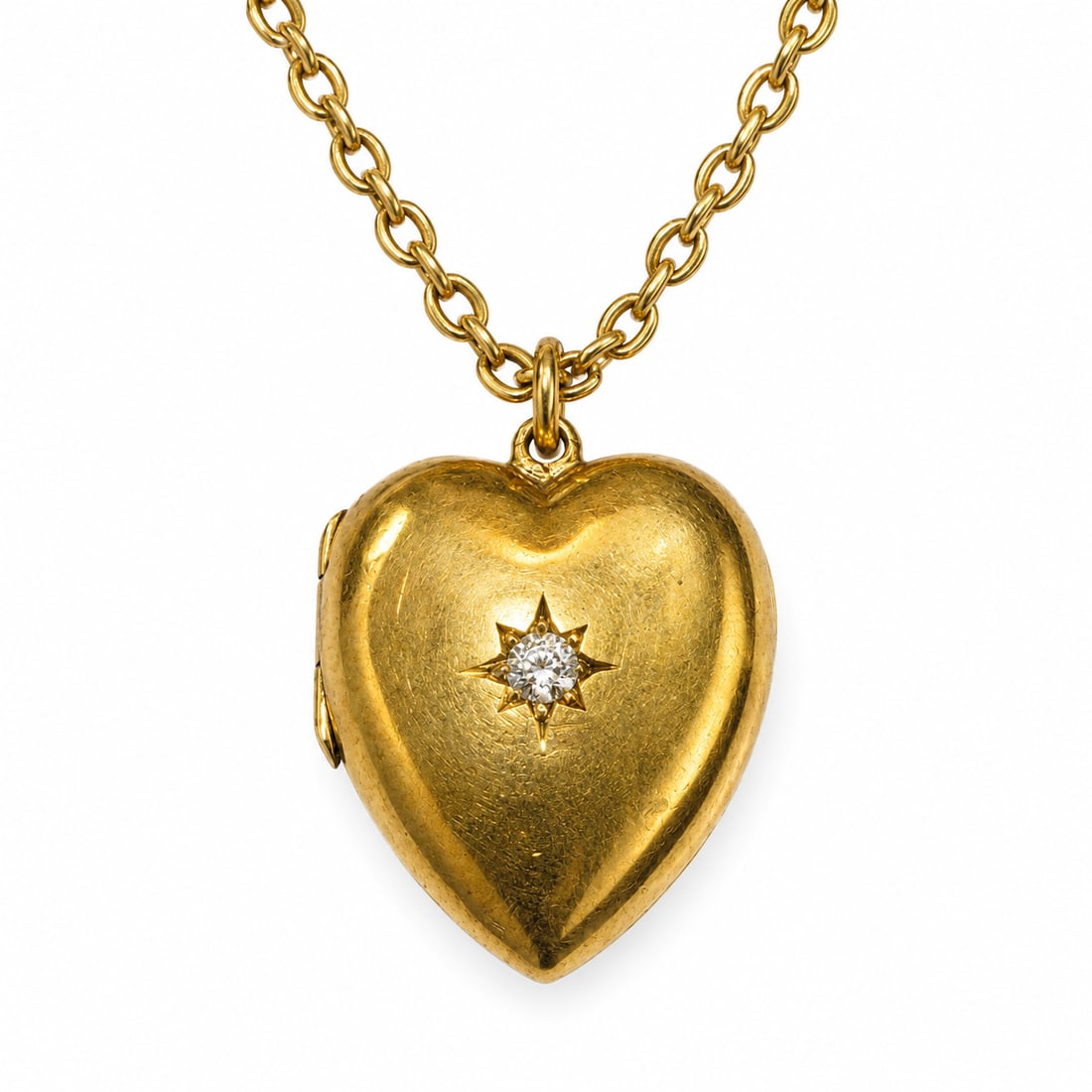 ANTIQUE DIAMOND HEART PENDANT WITH CHAIN NECKLACE: ANTIQUE DIAMOND HEART PENDANT WITH CHAIN NECKLACE,10.4 grams, testing 15 ct. gold.Lovely heart locket pendant with old cut diamond.L. pendant 2.8 cm.L. chain 39 cm.
