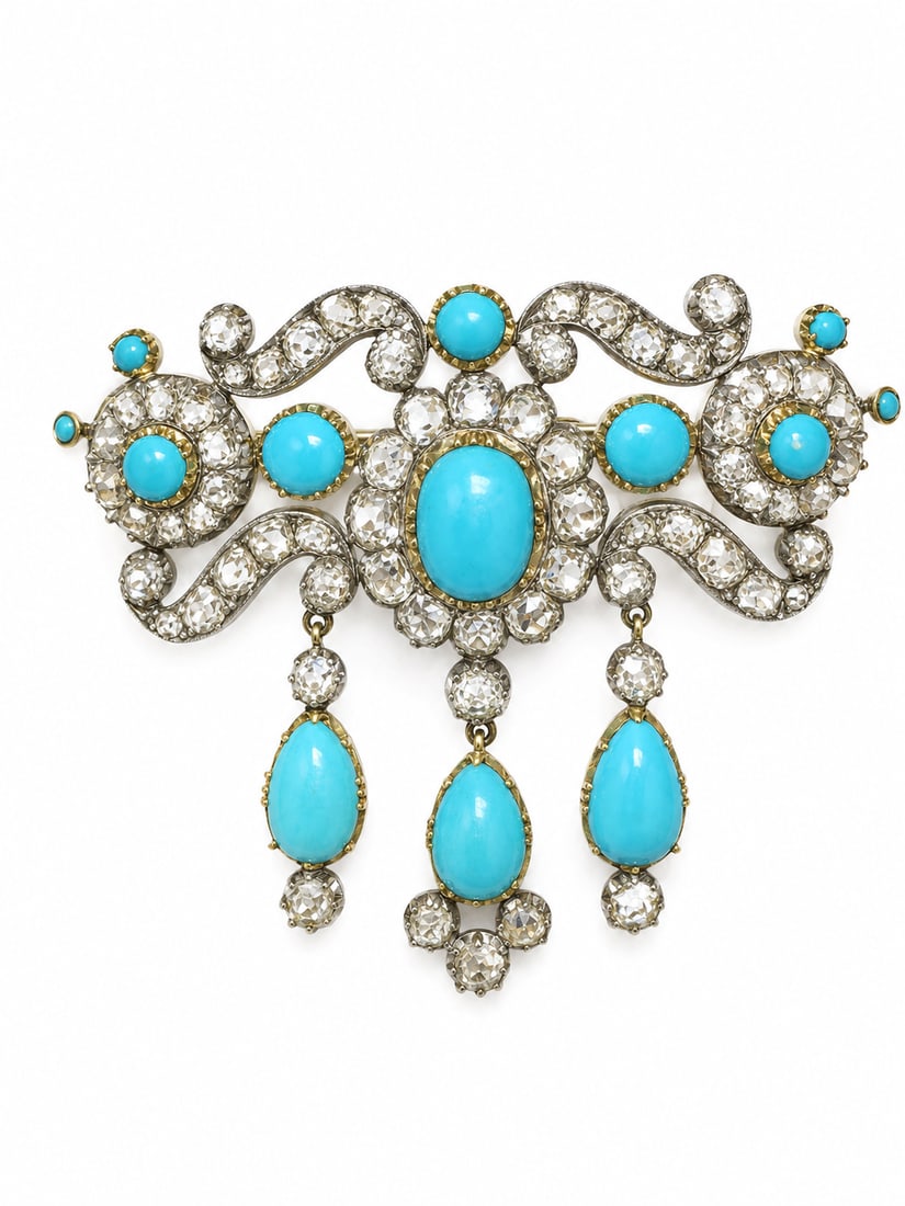 FINE ANTIQUE TURQUOISE AND DIAMOND BROOCH: FINE ANTIQUE TURQUOISE AND DIAMOND BROOCH, 17.4 grams, testing 18 ct. gold and silver.rich and vibrant turquoise.Diamonds bright and lively, totalling approx. 5.50 ct.W. 5.3 cm.