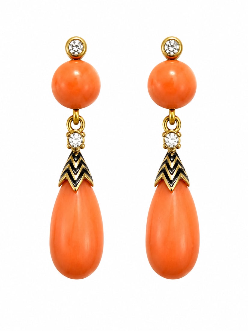 PAIR OF FRENCH CORAL ENAMEL AND DIAMOND DROP EARRINGS: PAIR OF FRENCH CORAL ENAMEL AND DIAMOND DROP EARRINGS,4 grams, 18 ct. gold.Lovely corals.Enamel in good condition.Bright and lively diamonds.L. 2.7 cm.