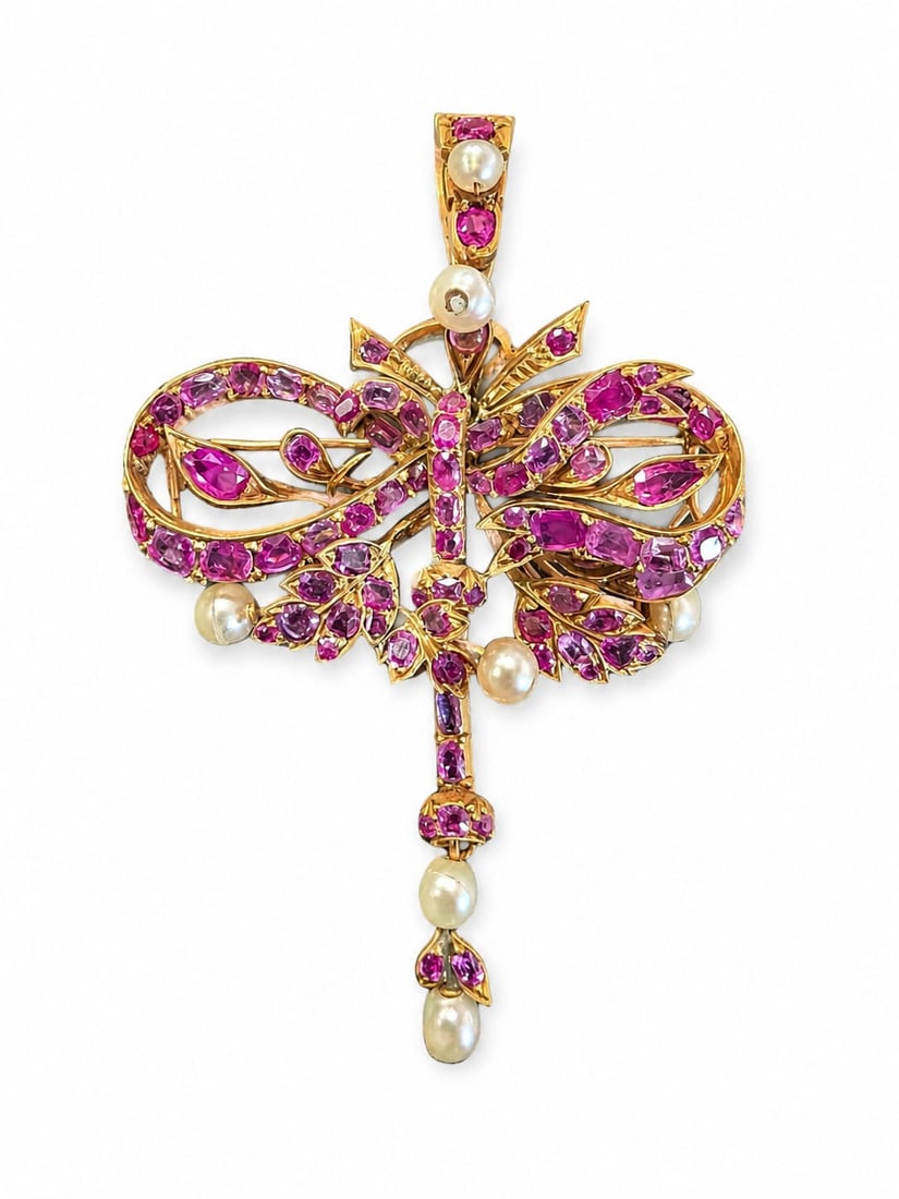 ANTIQUE PEARL AND PINK SAPPHIRE BROOCH/PENDANT: ANTIQUE PEARL AND PINK SAPPHIRE BROOCH/PENDANT,13.4 grams, testing 18 ct. gold.Lovely pink sapphires.Pearls untested.L. 7.2 cm.