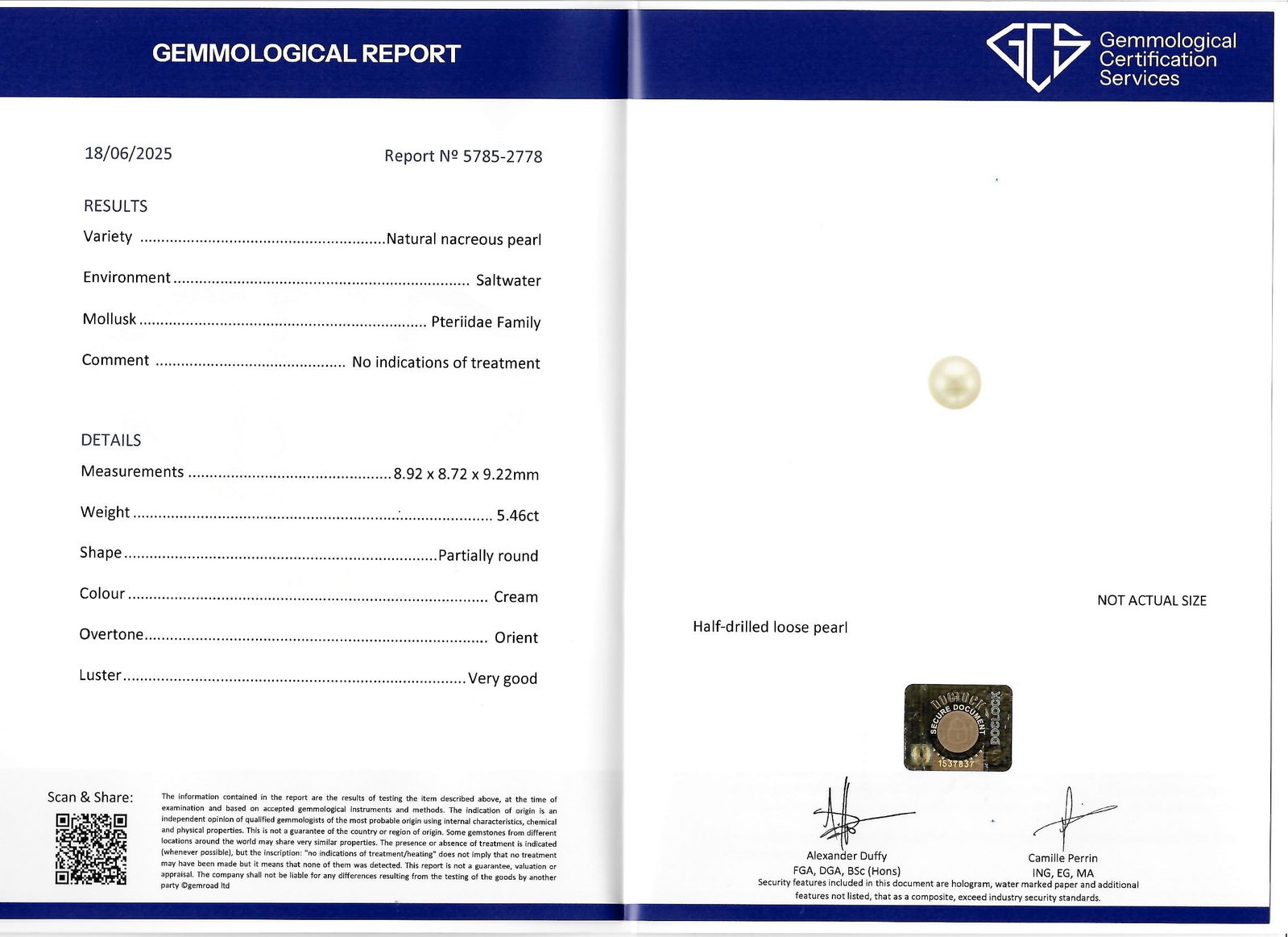 CERTIFICATED NATURAL SALTWATER PEARL AND DIAMOND RING: CERTIFICATED NATURAL SALTWATER PEARL AND DIAMOND RING,4.9 grams, testing 18 ct. gold.Fine pearl of approx. 9.22 x 8.92 x 8.72 mm. (Certificated, Natural, Saltwater).Bright and lively old cut diamonds,