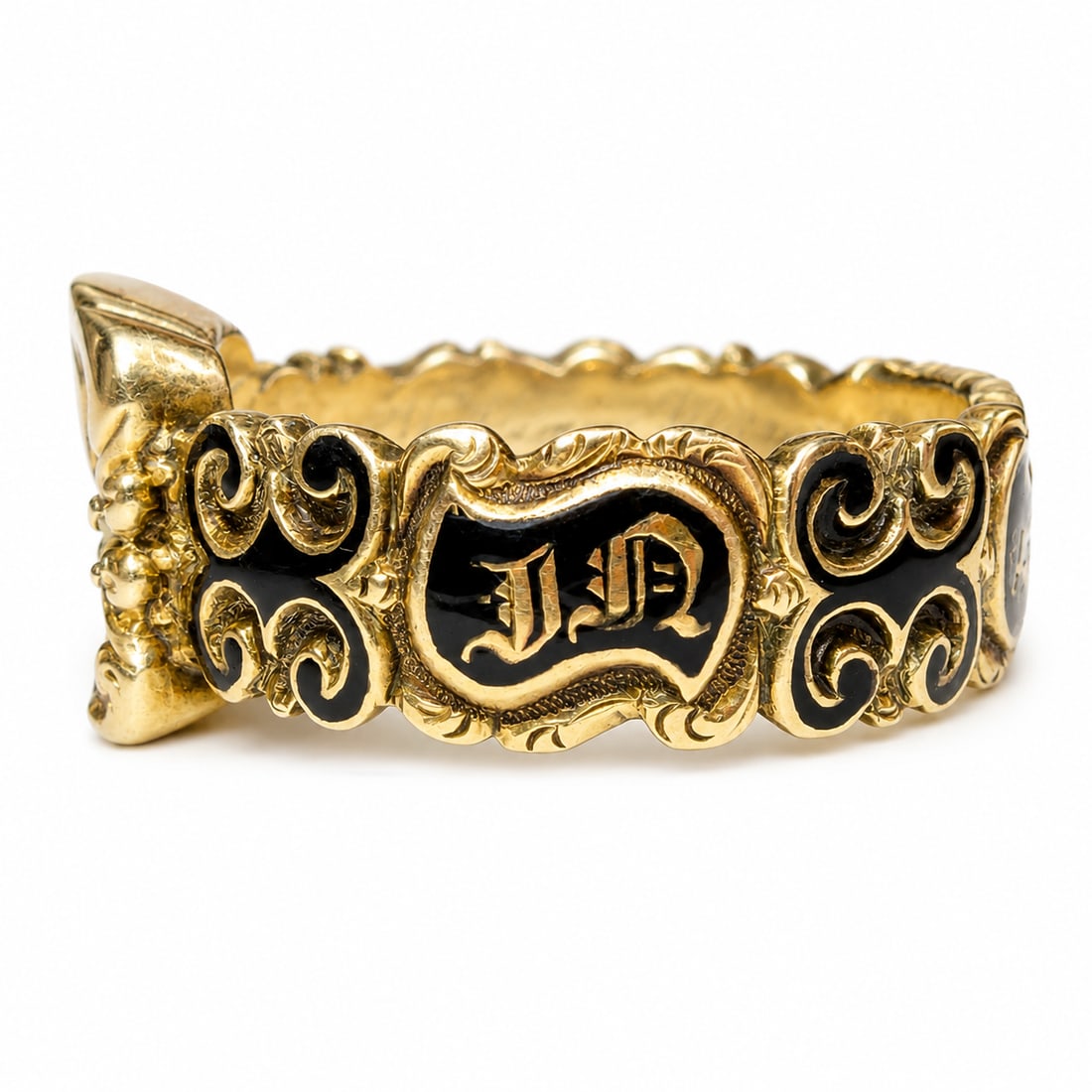 GEORGIAN ENAMEL AND DIAMOND RING: GEORGIAN ENAMEL AND DIAMOND RING,6.3 grams, testing 18 ct. gold.Lovely old cut diamond.The bank with inlaid text: In Memory Of.The inside of the band with text and dated 1836.Locket back.Size L 1/2.