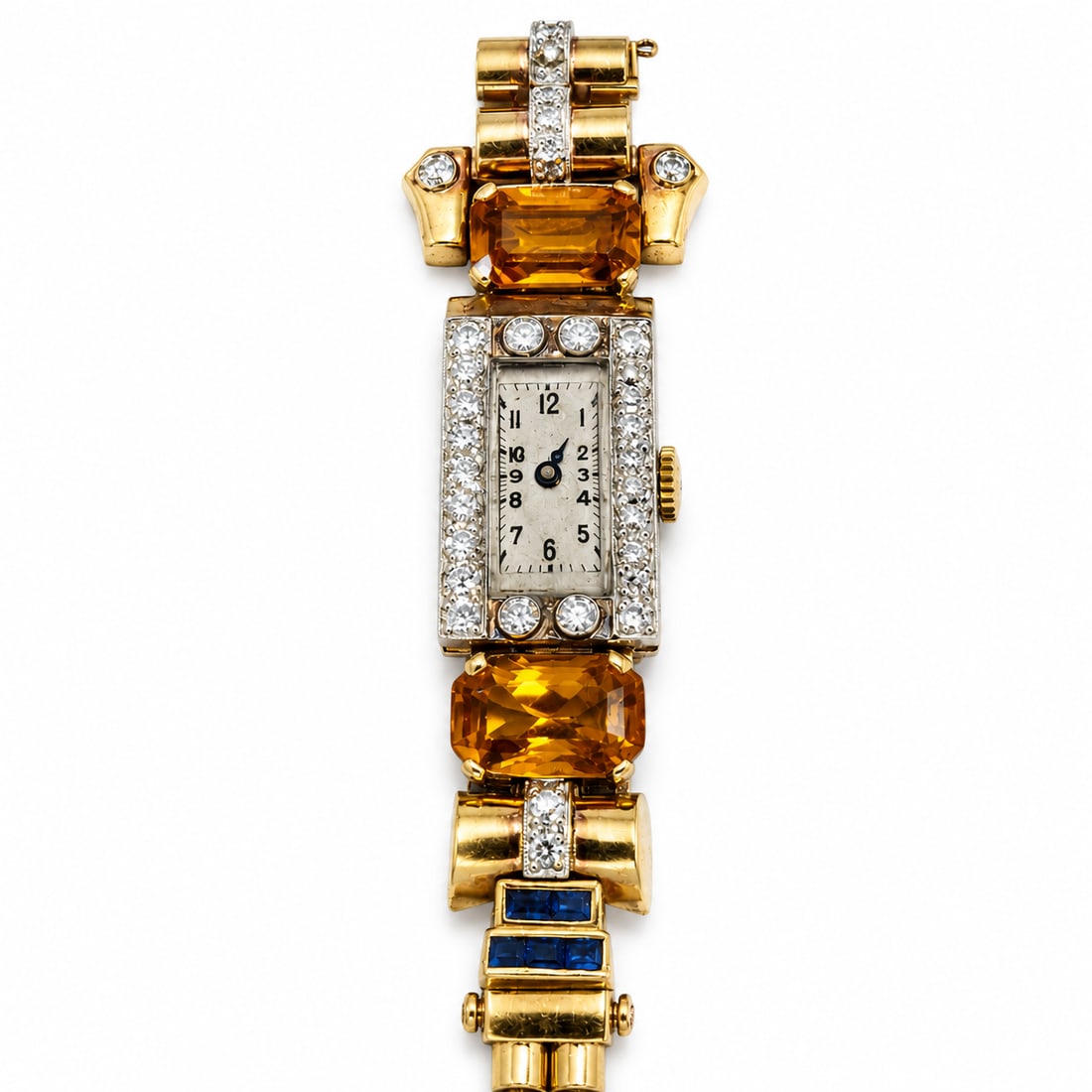 ART-DECO DIAMOND, CITRINE AND SAPPHIRE WATCH: ART-DECO DIAMOND, CITRINE AND SAPPHIRE WATCH,38,9 grams, testing high carat gold.Diamonds bright and lively.Rich and vibrant citrines and sapphires.L. 16.5 cm.