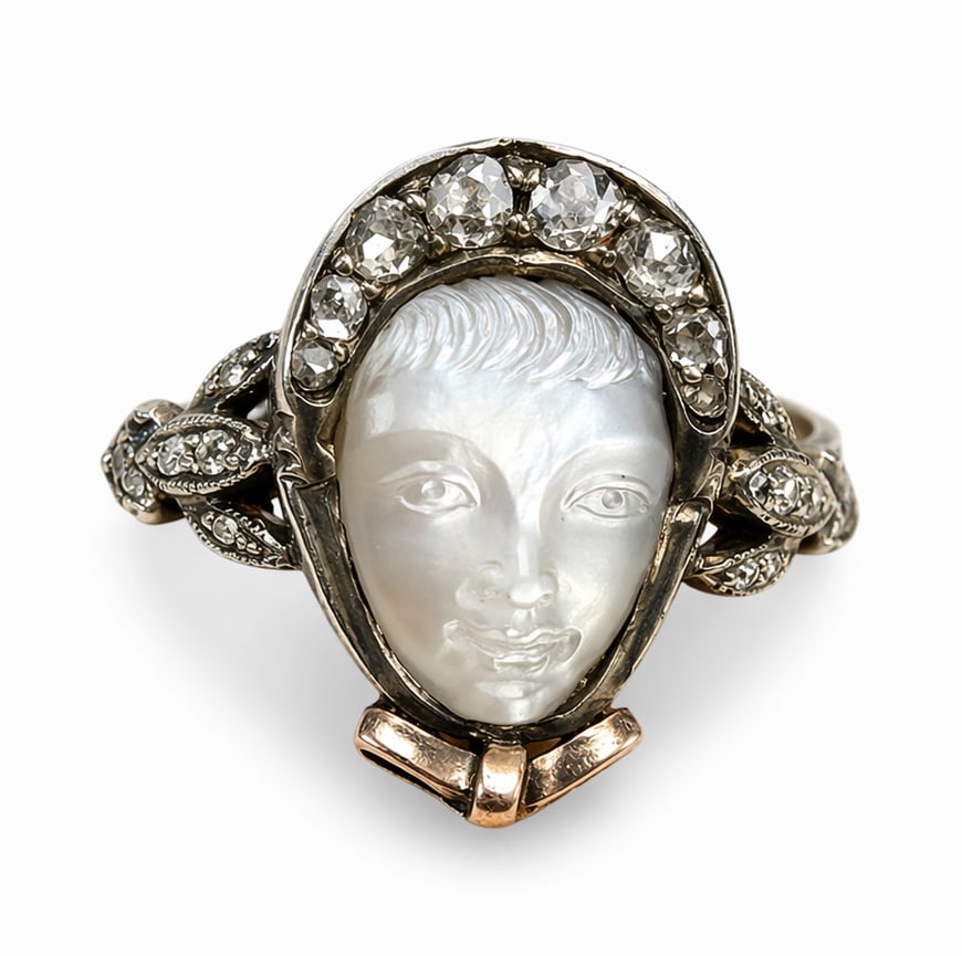 FINE CARVED ANTIQUE MOONSTONE WOMAN WITH BONNET HAT DIAMOND RING (1 of 1)