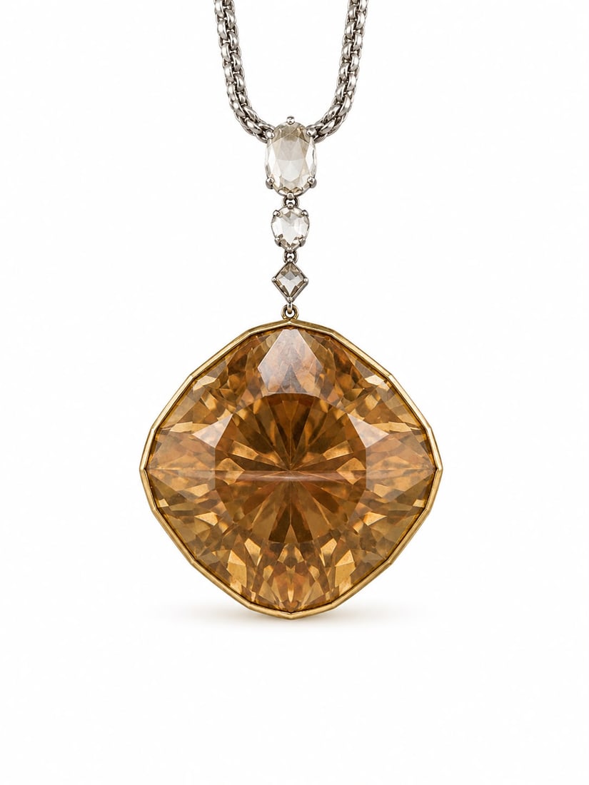 CERTIFICATED PRECIOUS TOPAZ AND DIAMOND PENDANT WITH CHAIN NECKLACE: CERTIFICATED PRECIOUS TOPAZ AND DIAMOND PENDANT WITH CHAIN NECKLACE,16,5 grams, testing 18 ct. gold.Fine precious topaz of approx. 49.92 ct. (Certificated, Natural, No treatment).L. pendant 4 cm.L. ne