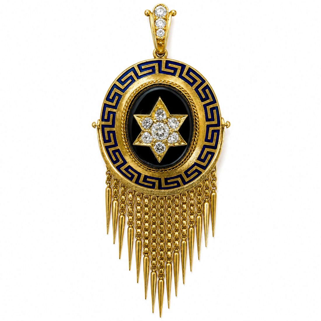 VICTORIAN ENAMEL AND DIAMOND TASSEL DROP PENDANT: VICTORIAN ENAMEL AND DIAMOND TASSEL DROP PENDANT,13.2 grams, testing 15 ct. gold.Diamonds bright and lively.the central diamond star section on a sardonyx background.The surmount with blue enamel.Fine
