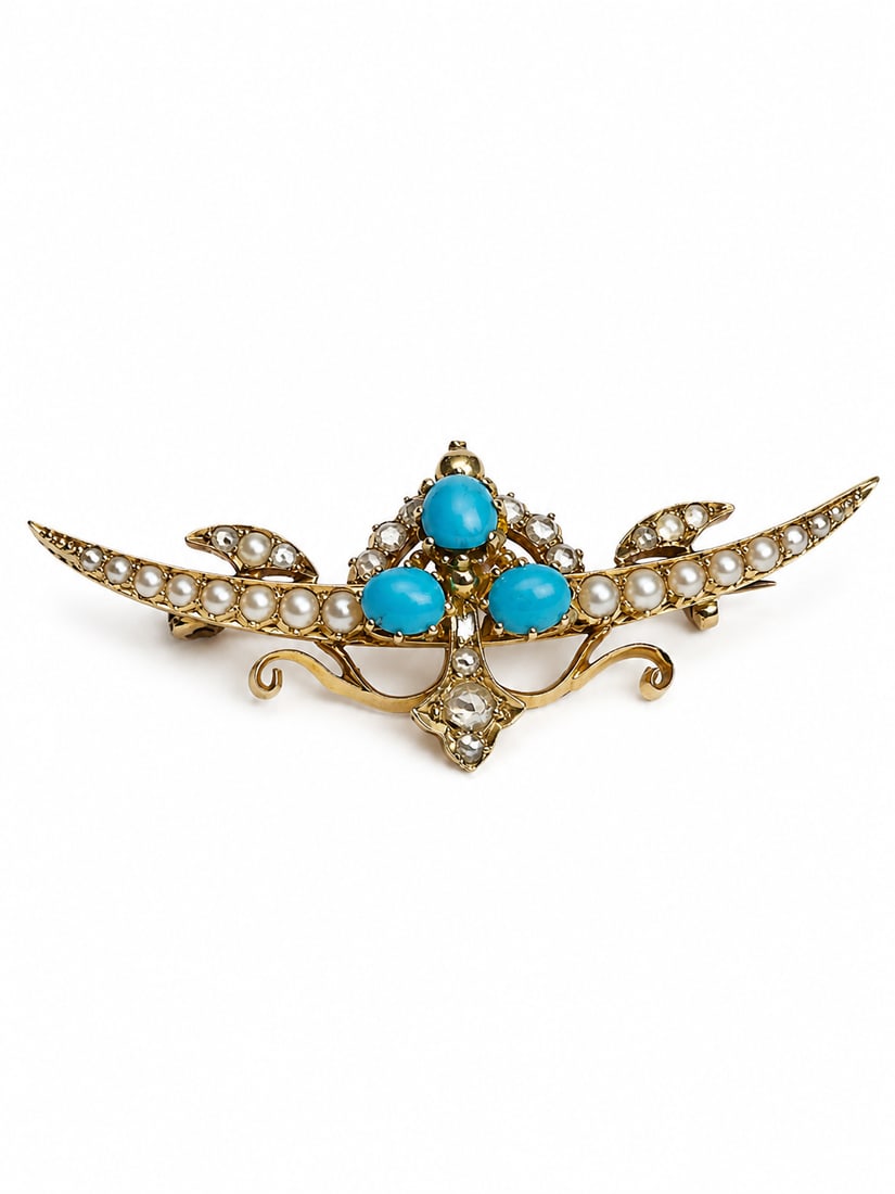 VICTORIAN TURQUOISE AND PEARL CRESCENT BROOCH: VICTORIAN TURQUOISE AND PEARL CRESCENT BROOCH,5,7 grams, 15 ct. gold.Vibrant turquoise.Lovely pearls.W. 4.6 cm.