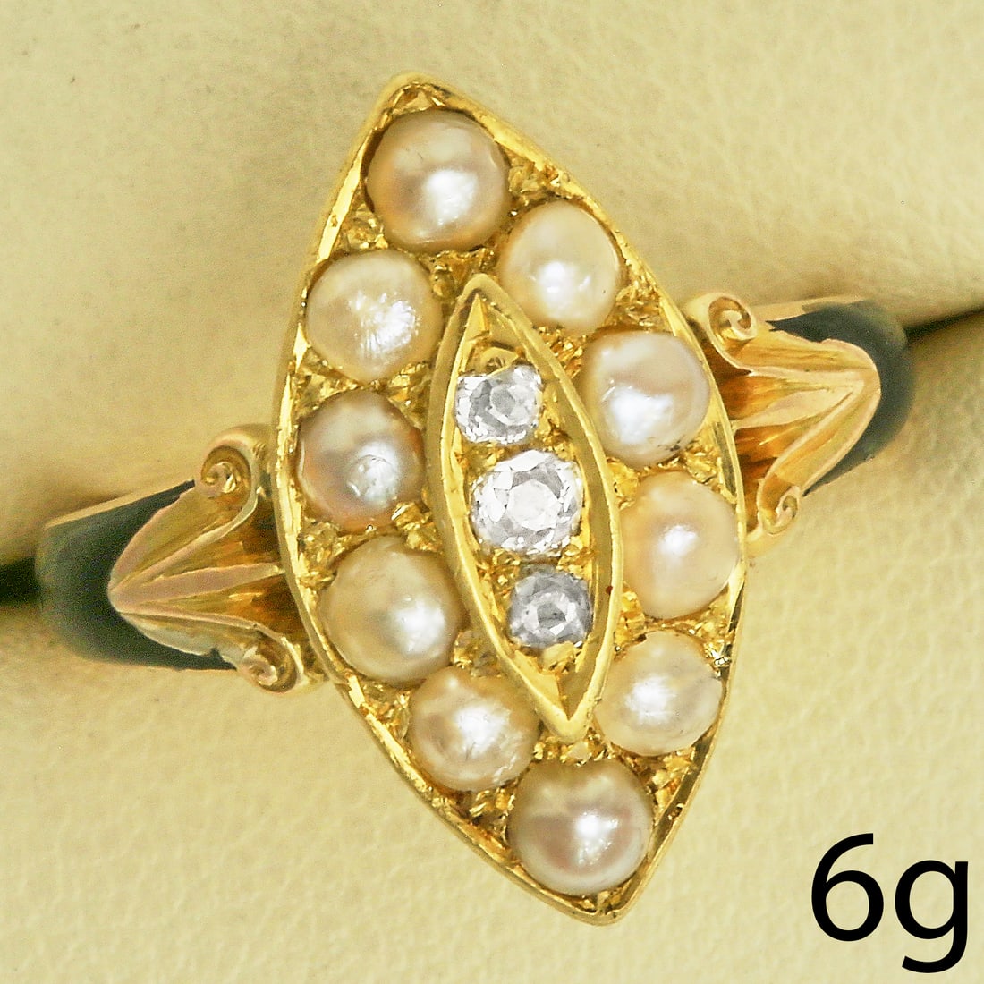 VICTORIAN PEARL ENAMEL AND DIAMOND NAVETTE MOURNING RING (1 of 1)