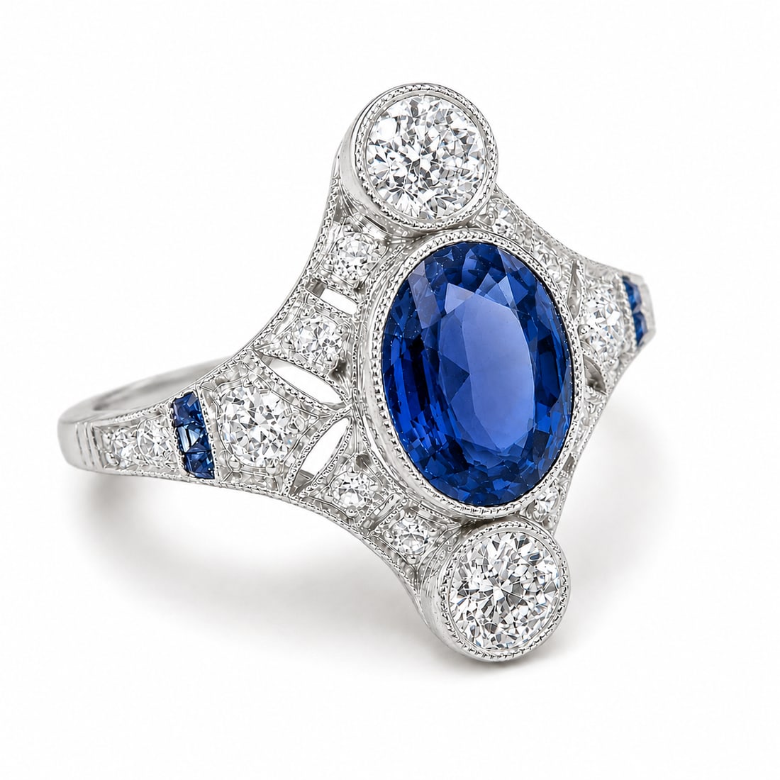 ART-DECO SAPPHIRE AND DIAMOND RING: ART-DECO SAPPHIRE AND DIAMOND RING,3,7 grams, testing platinum.Rich and vibrant sapphire of approx. 1.25 ct.Diamonds bright and lively.Size L.