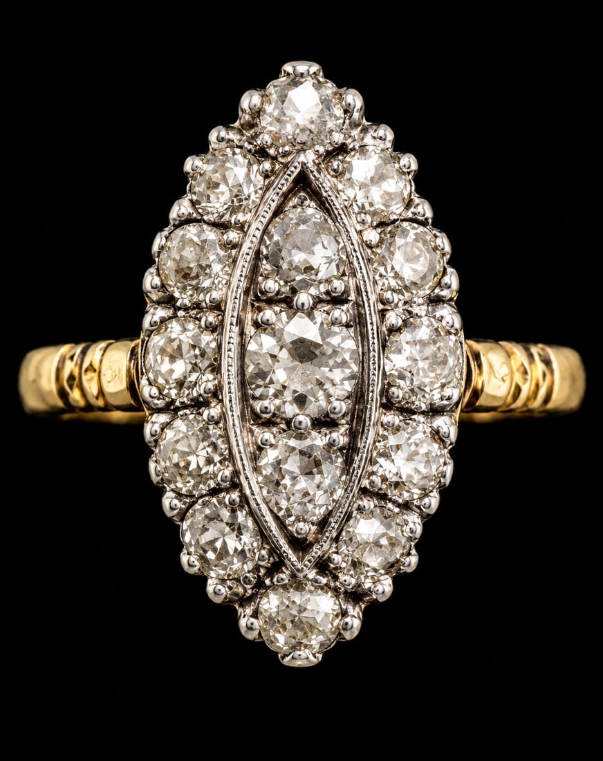 MARQUISE SHAPED DIAMOND RING: MARQUISE SHAPED DIAMOND RING,4.1 grams, 18 ct. gold.Bright and lively diamonds.Size N 1/2.