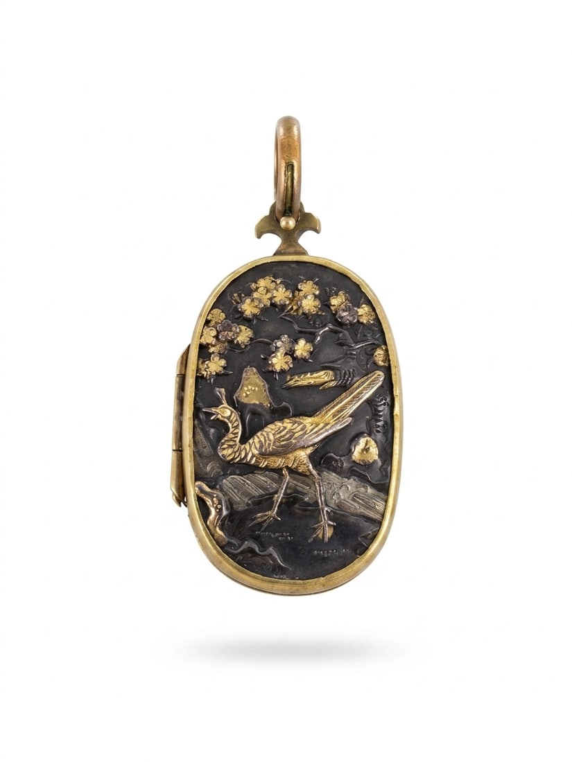 ANTIQUE DOUBLE SIDED SHAKUDO LOCKET PENDANT: ANTIQUE DOUBLE SIDED SHAKUDO LOCKET PENDANT,10.8 grams.Front and back with fine relief decoration depicting birds.L. 4.5 cm.