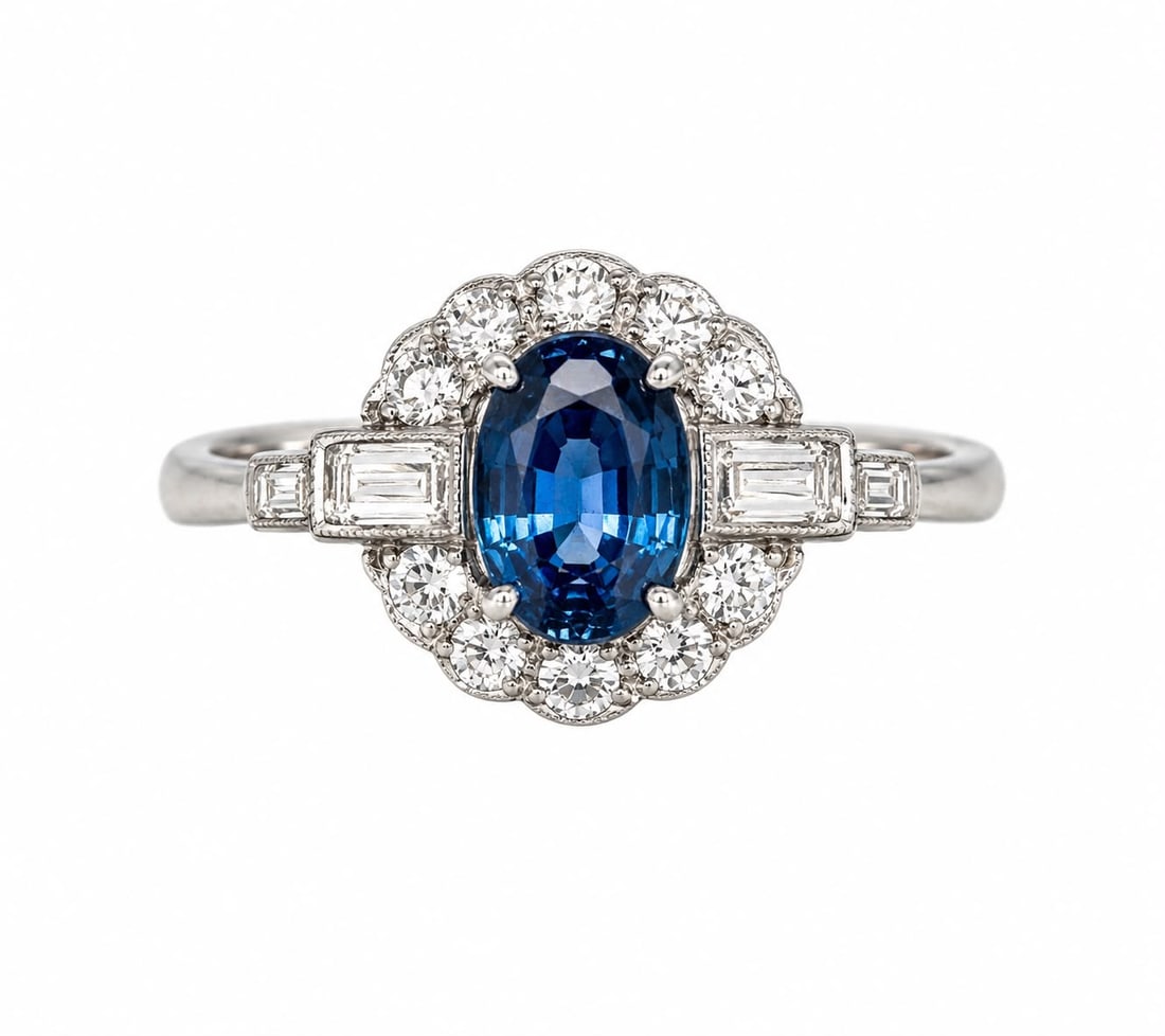 SAPPHIRE AND DIAMOND CLUSTER RING: SAPPHIRE AND DIAMOND CLUSTER RING,4,8 grams, testing 18 ct. gold.Rich and vibrant sapphire of approx. 1.70 ct.Diamonds bright and lively.Size N 1/2.