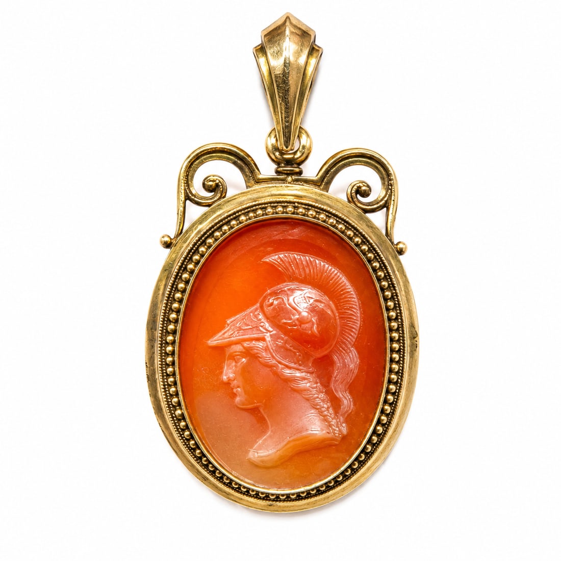 LARGE VICTORIAN HARDSTONE INTAGLIO PENDANT: LARGE VICTORIAN HARDSTONE INTAGLIO PENDANT,19.1 grams, testing 18 ct. gold.The large carved intaglio depicting Athena/Minerva.L. 6.2 cm.