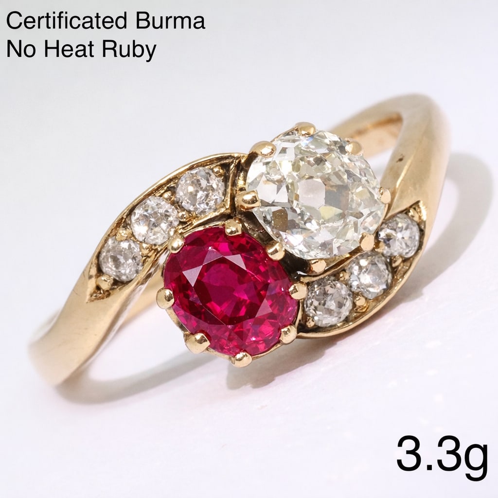 CERTIFICATED BURMA RUBY AND DIAMOND TWIST RING: CERTIFICATED BURMA RUBY AND DIAMOND TWIST RING,3.3 grams, testing high carat gold.Rich and vibrant ruby of approx. 0.87 ct. (Certificated, Burma 'Mogok', No Heat).Bright and lively diamonds,