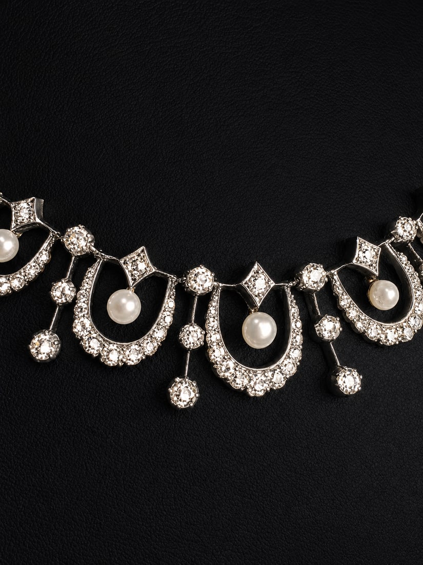 ELEGANT ANTIQUE DIAMOND AND PEARL NECKLACE: ELEGANT ANTIQUE DIAMOND AND PEARL NECKLACE 30.8 grams set with bright lively old cut diamonds matching pearls, pearls untested fine craftsmanship L 39 cm