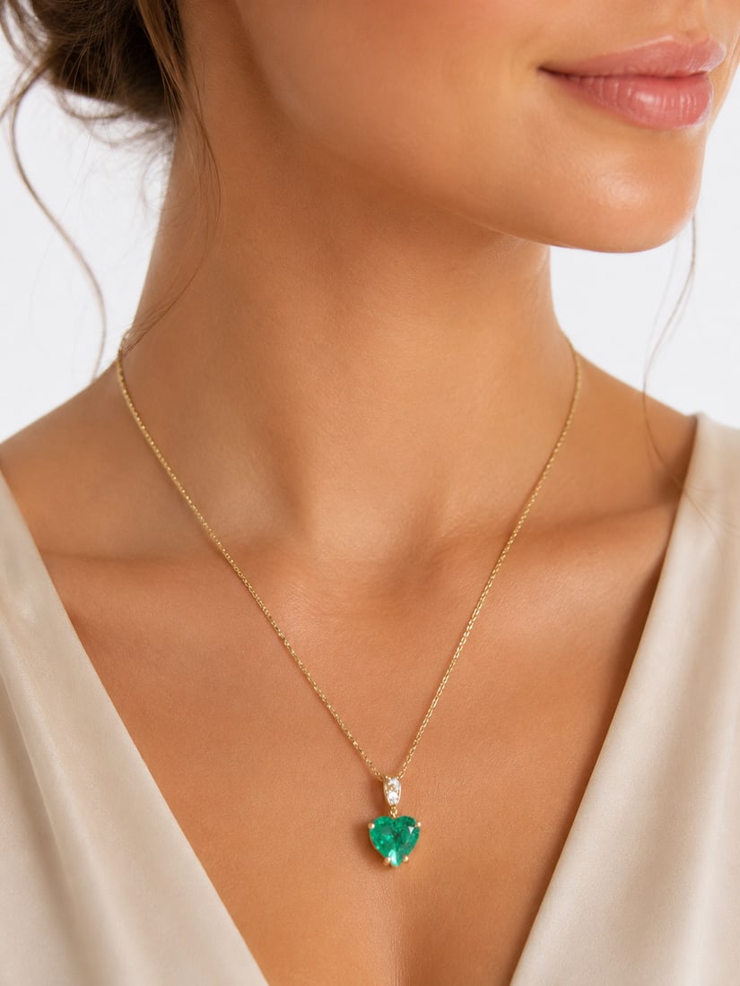 CERTIFICATED HEART SHAPED EMERALD AND DIAMOND PENDANT NECKLACE: CERTIFICATED HEART SHAPED EMERALD AND DIAMOND PENDANT NECKLACE5.5 grams rich vibrant emerald with no abrasions. approx 3.48 ct Zambian (minor)with cold chain for certificate details, see photos
