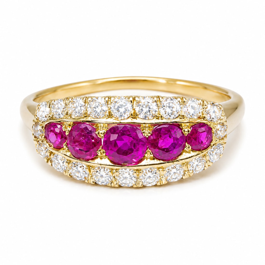 RUBY AND DIAMOND RING: RUBY AND DIAMOND RING,3.2 grams, testing 18 ct. gold.Vibrant rubies.Diamonds bright and lively.Size O 1/2.