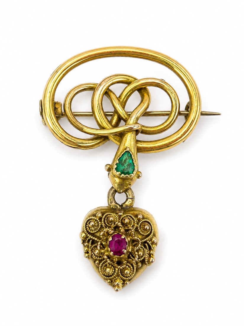 FANTASTIC GOLD VICTORIAN RUBY AND EMERALD SNAKE HEART LOCKET BROOCH: FANTASTIC GOLD VICTORIAN RUBY AND EMERALD SNAKE HEART LOCKET BROOCH 6.5 grams vibrant ruby and emerald fine craftsmanship in great condition L 3.2 cm W 2.2 cm
