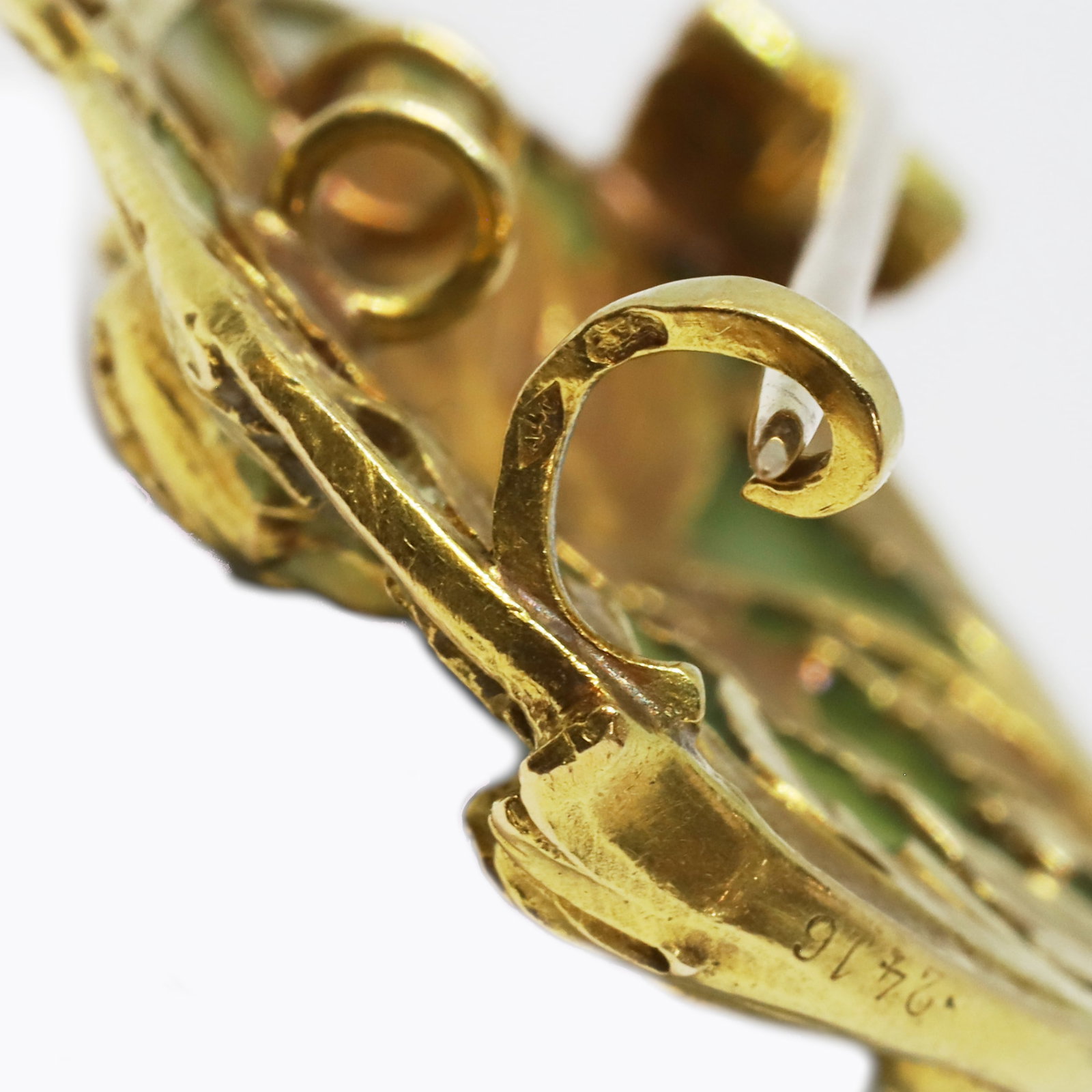 ALBERT CHAMBIN, ART NOUVEAU PLIQUE-A-JOUR ENAMEL, ENAMEL AND DIAMOND BROOCH: ALBERT CHAMBIN, ART NOUVEAU PLIQUE-A-JOUR ENAMEL, ENAMEL AND DIAMOND BROOCH,12,5 grams, testing high carat gold.Designed as an enamel multi-colour flower on a plique-a-jour enamel background with
