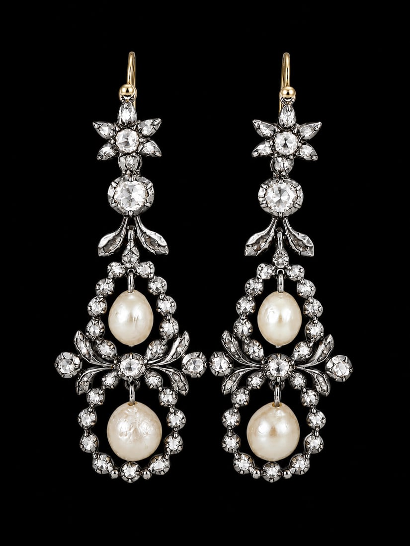ANTIQUE DIAMOND AND PEARL EARRINGS: ANTIQUE DIAMOND AND PEARL EARRINGS 12.3 grams matching pearls, believed to be natural lively diamonds L 6 cm