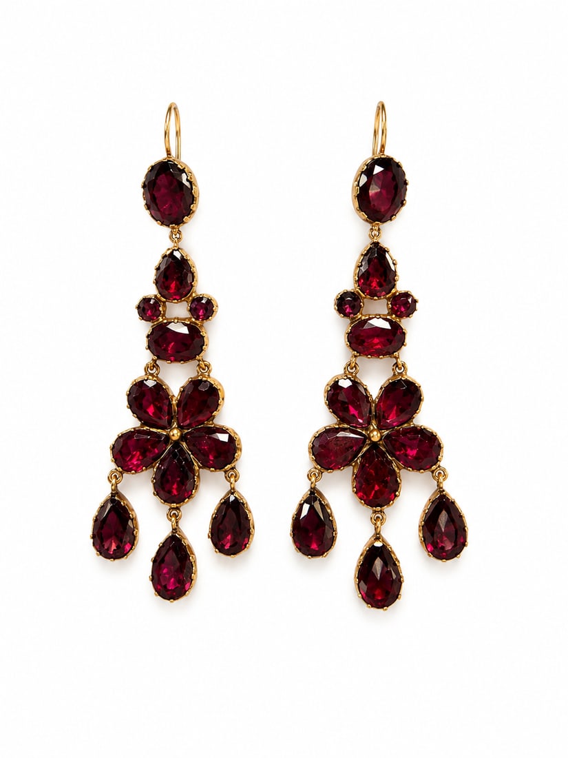 VICTORIAN GOLD GARNET PENDANT EARRINGS: VICTORIAN GOLD GARNET PENDANT EARRINGS 5.3 grams matching garnets in great condition L 5.1 cm