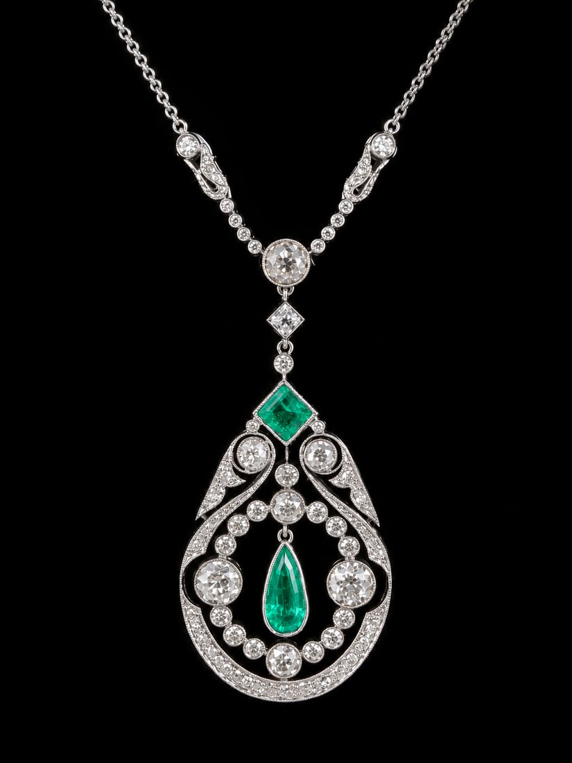 FINE EDWARDIAN EMERALD AND DIAMOND PENDANT NECKLACE: FINE EDWARDIAN EMERALD AND DIAMOND PENDANT NECKLACE,8.1 grams, testing platinum.Rich and vibrant emerald.Bright and lively old cut diamonds.Fine articulated, high quality workmanship.L. pendant 5.3 cm