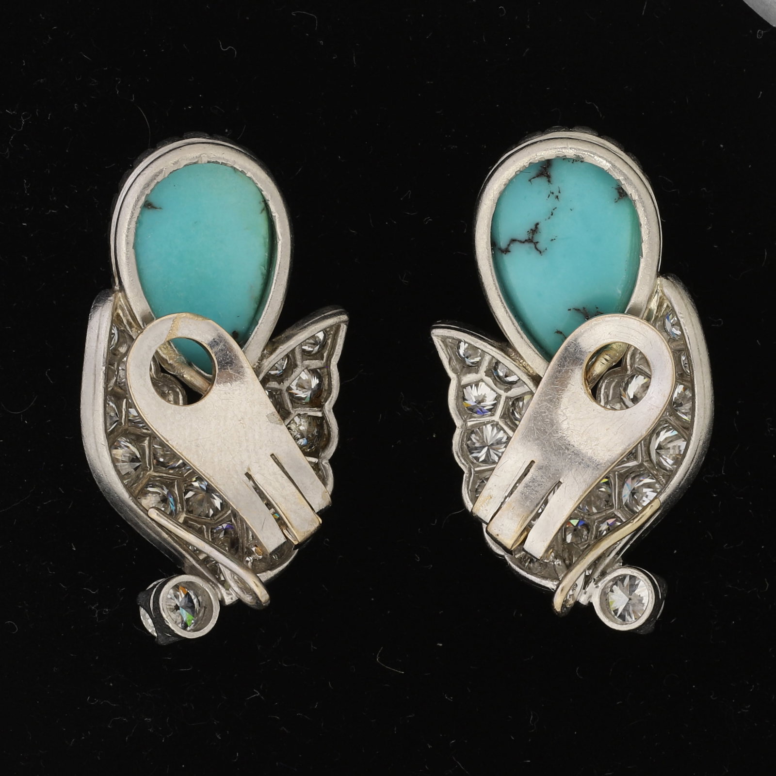 FINE PAIR OF TURQUOISE AND DIAMOND EARRINGS: FINE PAIR OF TURQUOISE AND DIAMOND EARRINGS,16.8 grams, testing platinum.Bright and lively diamonds, totalling approx. 4.20 ct.L. 3.1 cm.