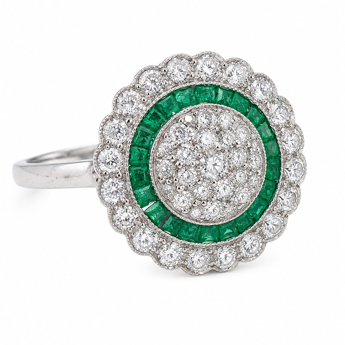 ART-DECO EMERALD AND DIAMOND RING: ART-DECO EMERALD AND DIAMOND RING,5,2 grams, testing high carat gold.Diamonds bright and lively.Vibrant calibre cut emeralds.Size Q 1/2