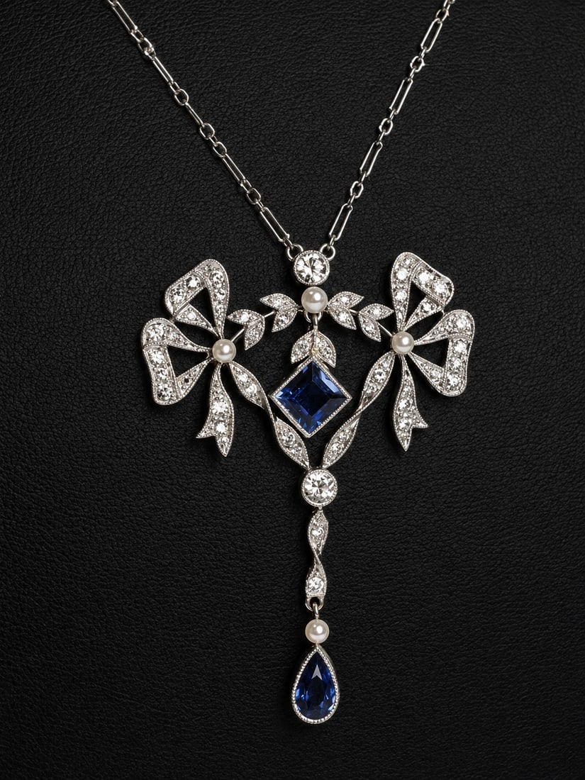 BELLE EPOQUE SAPPHIRE, DIAMOND AND PEARL PENDANT NECKLACE: BELLE EPOQUE SAPPHIRE, DIAMOND AND PEARL PENDANT NECKLACE 6 grams platinum and high carat gold vibrant sapphires , lively diamonds and pearls pendant L 4.2 cm necklace L 40 cm