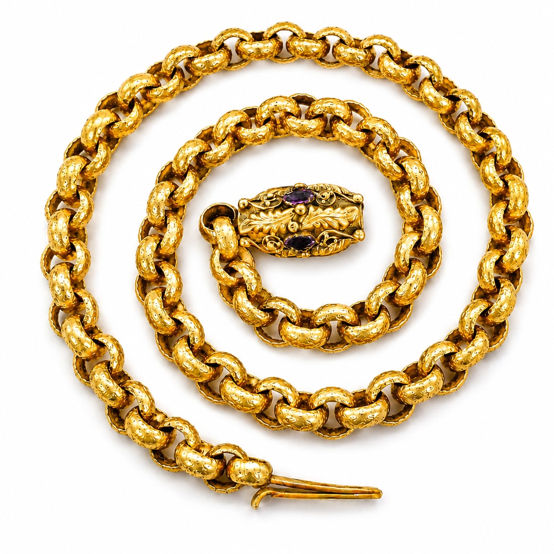 FINE GEORGIAN BELCHER LINK NECKLACE: FINE GEORGIAN BELCHER LINK NECKLACE,28.4 grams, testing 18 ct. gold.The clasp lovely detailed.Diam. links approx. 8 mm, with fine relief star decoration.L. 55.5 cm.