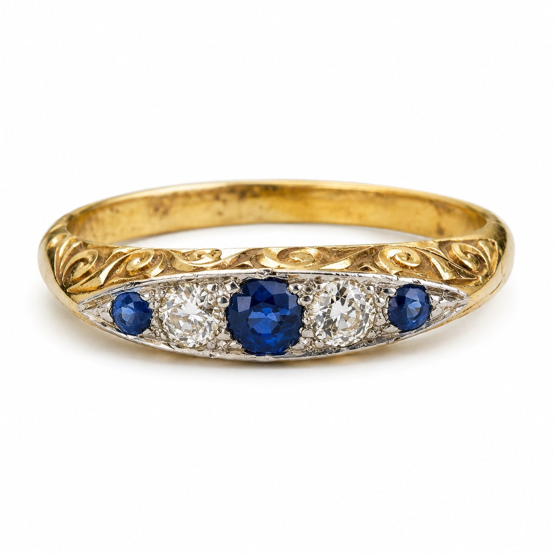 SAPPHIRE AND DIAMOND 5-STONE RING: SAPPHIRE AND DIAMOND 5-STONE RING,3.1 grams, testing high carat gold and platinum.Bright and lively old cut diamonds.Rich and vibrant sapphires.Size O 1/2.