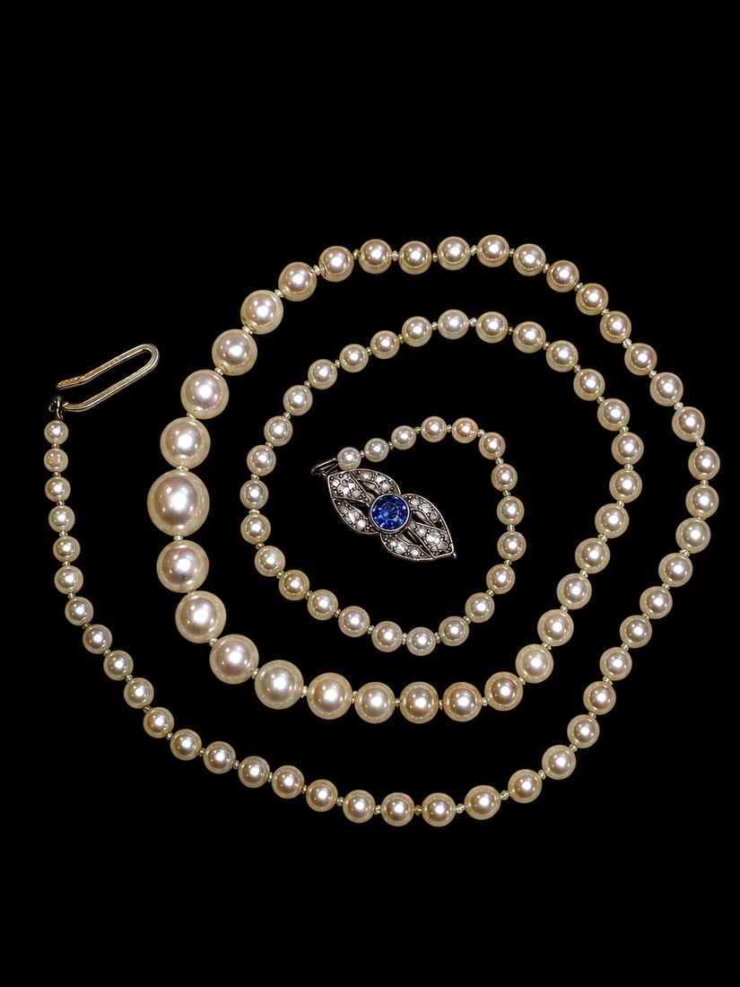 LOVELY EDWARDIAN PEARL NECKLACE WITH SAPPHIRE AND DIAMOND CLASP: LOVELY EDWARDIAN PEARL NECKLACE WITH SAPPHIRE AND DIAMOND CLASP.13.6 grams, testing 18 ct. gold.Pearls with good lustre, largest of approx. 7.97 mm.Lovely diamonds and sapphire.Pearls untested and unw