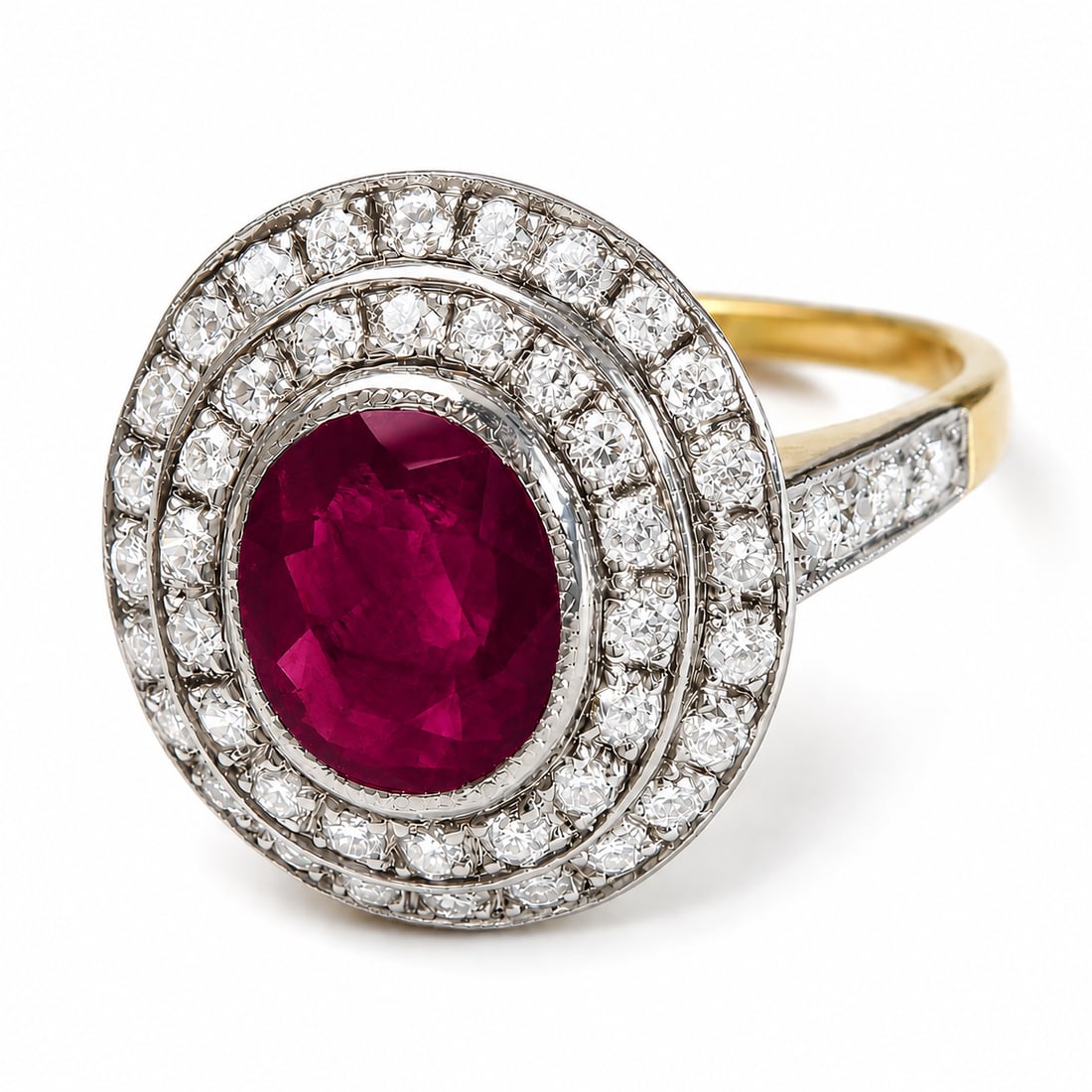 RUBY AND DIAMOND CLUSTER RING: RUBY AND DIAMOND CLUSTER RING,3,5 grams, 18 ct. gold.Vibrant ruby of approx. 1.11 ct.Diamonds bright and lively, totalling approx. 1 ct.Size N 1/2