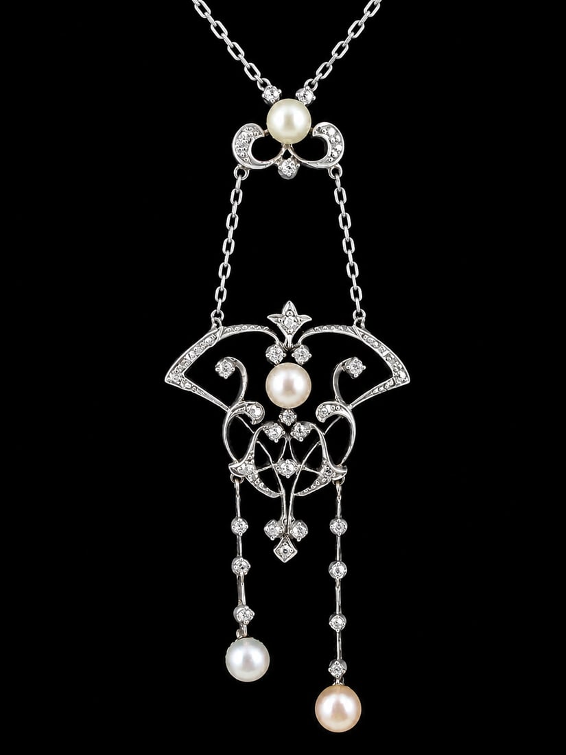EDWARDIAN PEARL AND DIAMOND PENDANT NECKLACE: EDWARDIAN PEARL AND DIAMOND PENDANT NECKLACE,7,8 grams.Bright and lively diamonds.Lovely pearls (untested).L. pendant 7.1 cm.