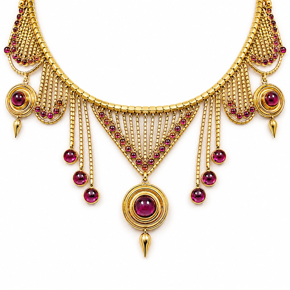 UNUSUAL GEORGIAN GARNET TASSEL DROP NECKLACE: UNUSUAL GEORGIAN GARNET TASSEL DROP NECKLACE,52 grams, testing 18 ct. gold.The necklace suspending 5 larger garnet drops.With smaller fringe drops with garnet ends.The larger garnet drops with locket