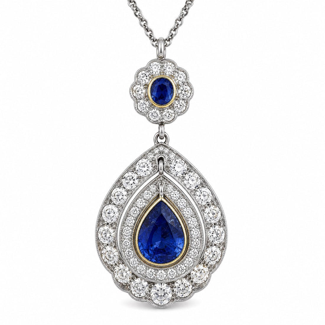 ELEGANT SAPPHIRE AND DIAMOND PENDANT NECKLACE: ELEGANT SAPPHIRE AND DIAMOND PENDANT NECKLACE 9.8 grams high carat gold bright lively sapphires, central sapphire approx 1.92 ct bright lively diamonds approx 2.50 ct pendant L 3.5 cm chain L 50 cm