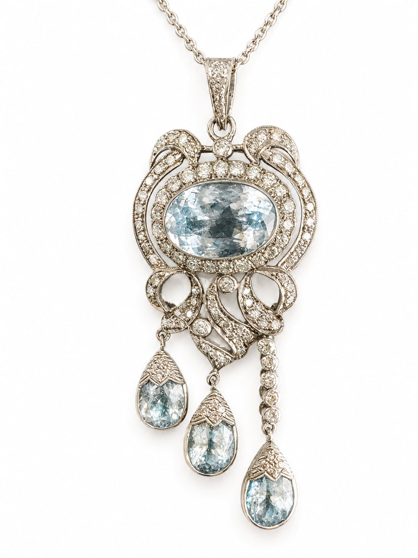 ELEGANT AQUAMARINE AND DIAMOND PENDANT NECKLACE: ELEGANT AQUAMARINE AND DIAMOND PENDANT NECKLACE 20.5 grams high carat gold vibrant aquamarines with no abrasions bright lively diamonds pendant L 6.5 cm chain L 43 cm