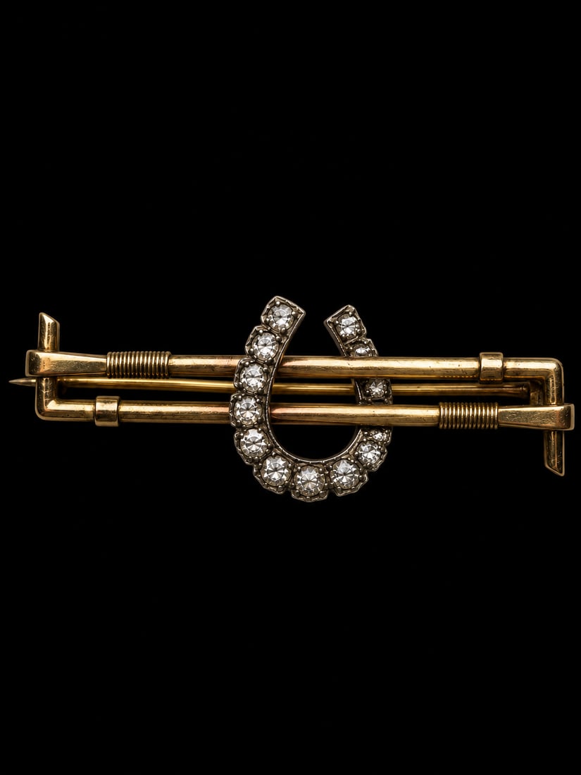 ANTIQUE DIAMONDS HORSE SHOE AND RIDING CROP BROOCH (1 of 1)