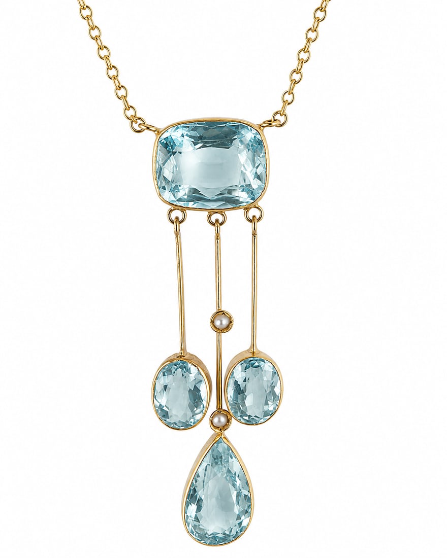ELEGANT AQUAMARINE AND PEARL PENDANT NECKLACE: ELEGANT AQUAMARINE AND PEARL PENDANT NECKLACE 5 grams high carat gold vibrant matching aquamarines in great condition pendant L 4.6 cm chain L 39 cm