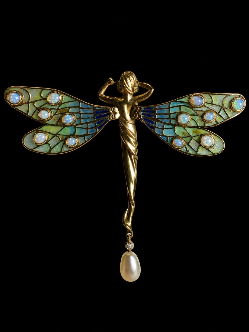 PLIQUE-A-JOUR ENAMEL, OPAL AND PEARL WOMAN DRAGONFLY BROOCH (1 of 1)