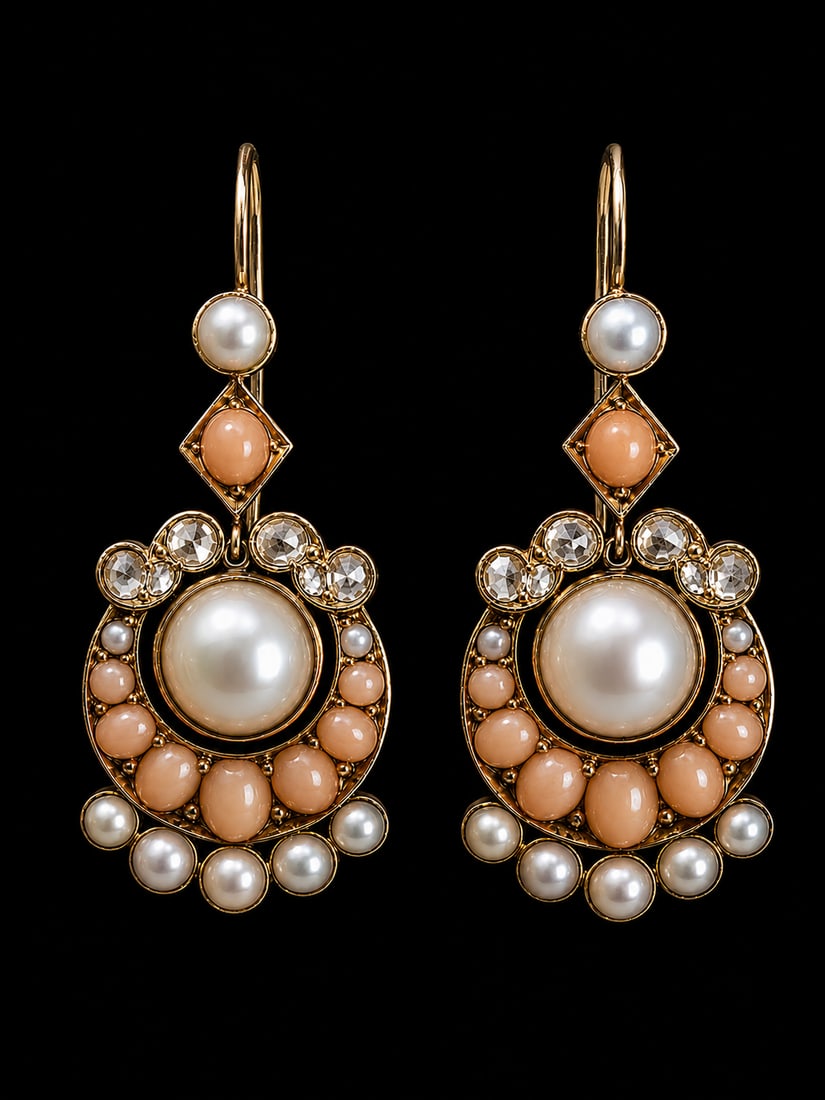 WILSON AND GILL CORAL, PEARL AND DIAMOND NECKLACE AND EARRINGS SET: WILSON AND GILL CORAL, PEARL AND DIAMOND NECKLACE AND EARRINGS SET 13.1 grams high carat gold vibrant matching pearls and corals, pearls untested in excellent condition earrings L 3.1 cm necklace L