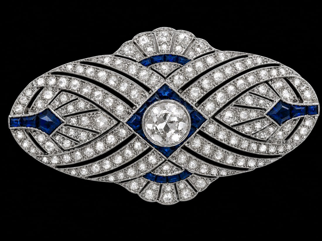 FINE ART-DECO SAPPHIRE AND DIAMOND BROOCH: FINE ART-DECO SAPPHIRE AND DIAMOND BROOCH,9.1 grams, testing platinum.Fine openwork design.Larger central diamond.Diamonds totalling approx. 2.20 ct.Rich and vibrant sapphires.W. 4.6 cm.
