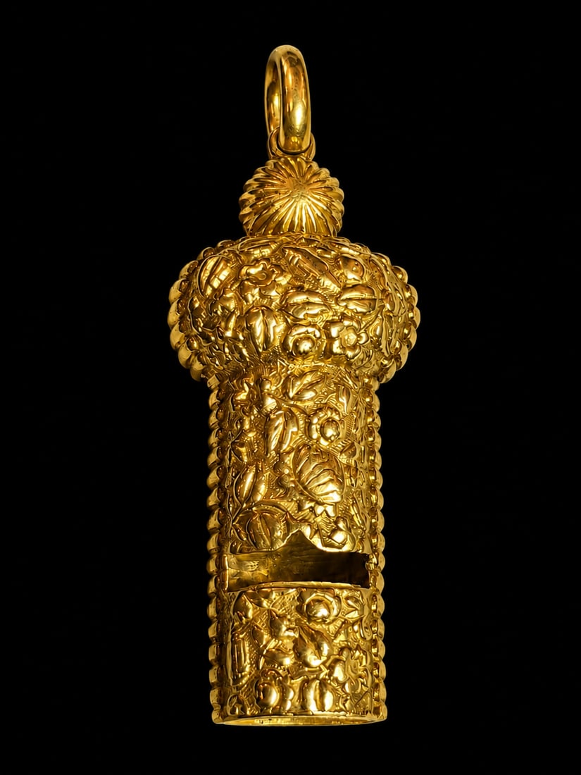 MAGNIFICENT 18 CT. GOLD WHISTLE: MAGNIFICENT 18 CT. GOLD WHISTLE,30.7 grams, testing 18 ct. gold.The whistle of fine foliate relief design.L. 5.8 cm.