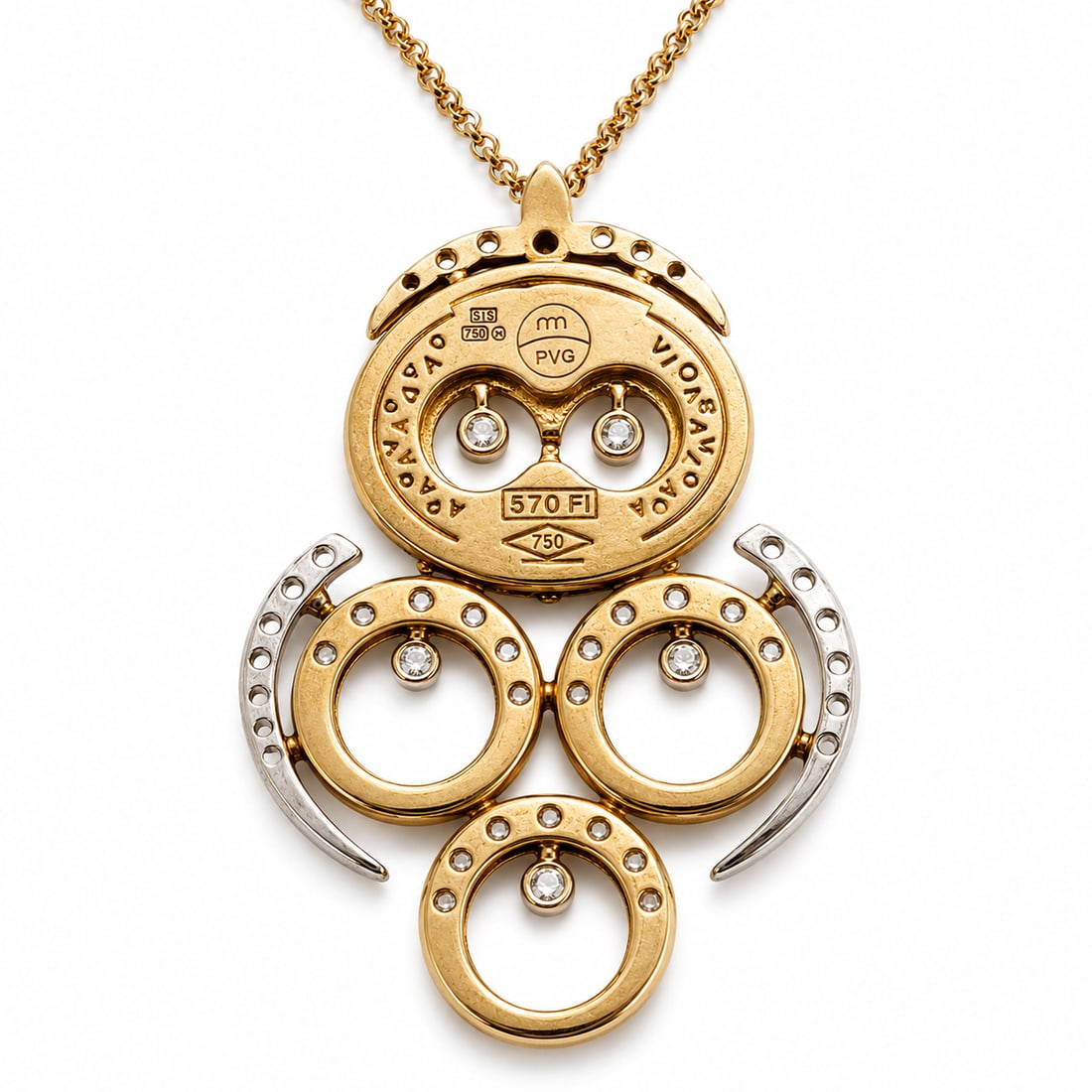 PONTE VECCHIO GIOELLO, SAPPHIRE AND DIAMOND OWL PENDANT NECKLACE: PONTE VECCHIO GIOELLO, SAPPHIRE AND DIAMOND OWL PENDANT NECKLACE,8.8 grams, 18 ct. gold.Rich and vibrant sapphires.Diamonds bright and lively.Signed PVG.L. pendant 3.1 cm.