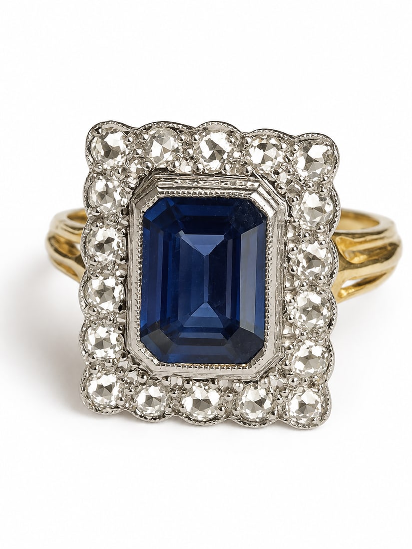SAPPHIRE AND DIAMOND CLUSTER RING: SAPPHIRE AND DIAMOND CLUSTER RING,6 grams, 18 ct. gold.Sapphire of approx. 1.25 ct.Diamonds bright and lively.Size N.