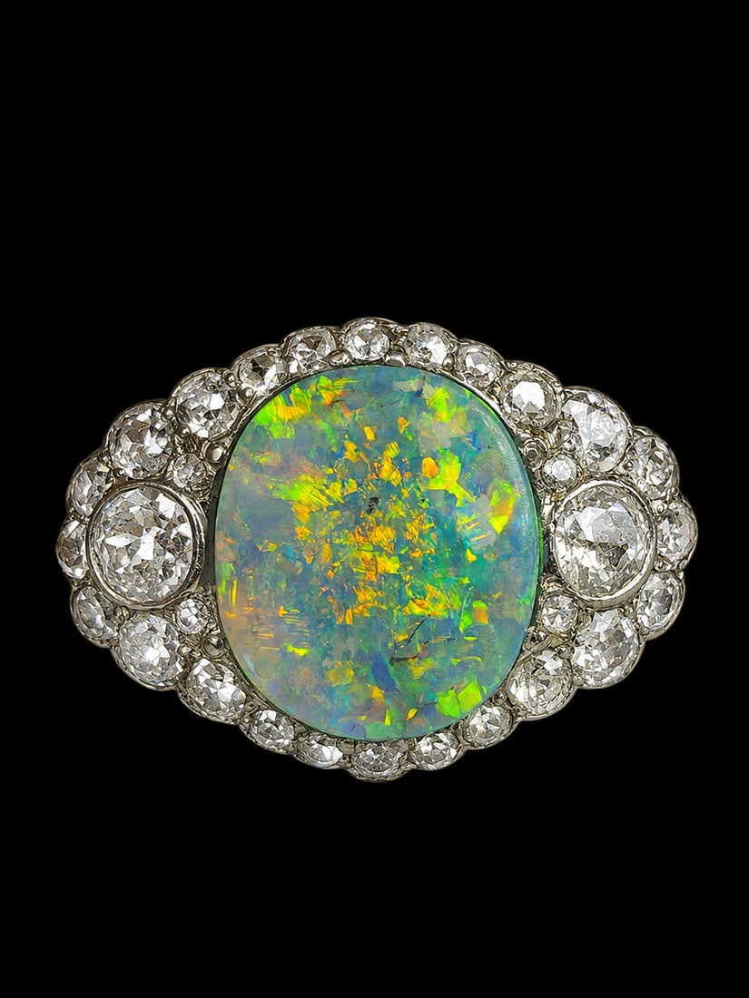CERTIFICATED EDWARDIAN OPAL AND DIAMOND RING: CERTIFICATED EDWARDIAN OPAL AND DIAMOND RING,3,9 grams, testing platinum.Rich and vibrant opal with good play of colour of approx. 2.74 ct. (Natural opal, no tretment).Diamonds bright and lively.Size