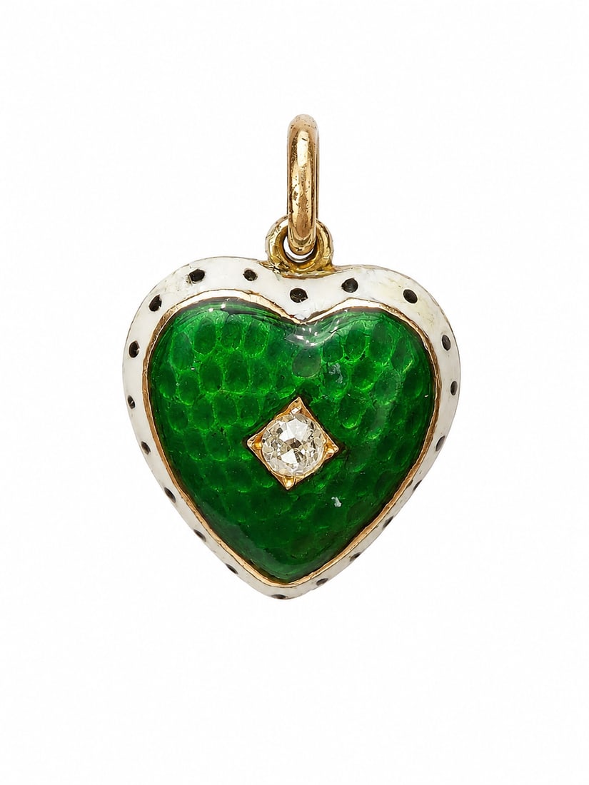 GOLD ENAMEL AND DIAMOND HEART PENDANT: GOLD ENAMEL AND DIAMOND HEART PENDANT lively diamond enamel in great condition L 2.1 cm