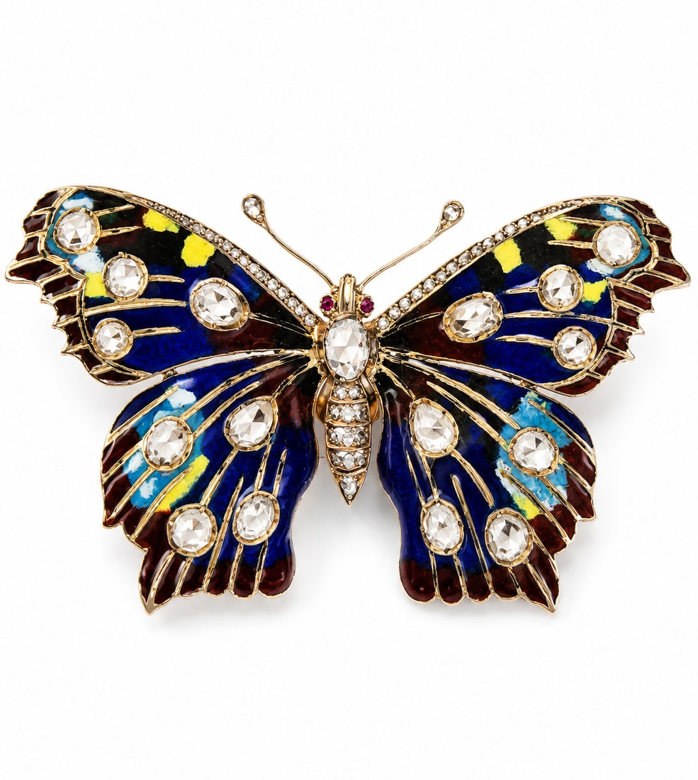 LOUIS AUCOC (Attrib). IMPORTANT FRENCH DIAMOND AN ENAMEL EN TREMBLANT BUTTERFLY BROOCH: LOUIS AUCOC (Attrib). IMPORTANT FRENCH DIAMOND AN ENAMEL EN TREMBLANT BUTTERFLY BROOCH 25.4 grams, 18 ct. gold. French.The wings with fine milti-color enamel, adornet with diamonds tot eh wings and