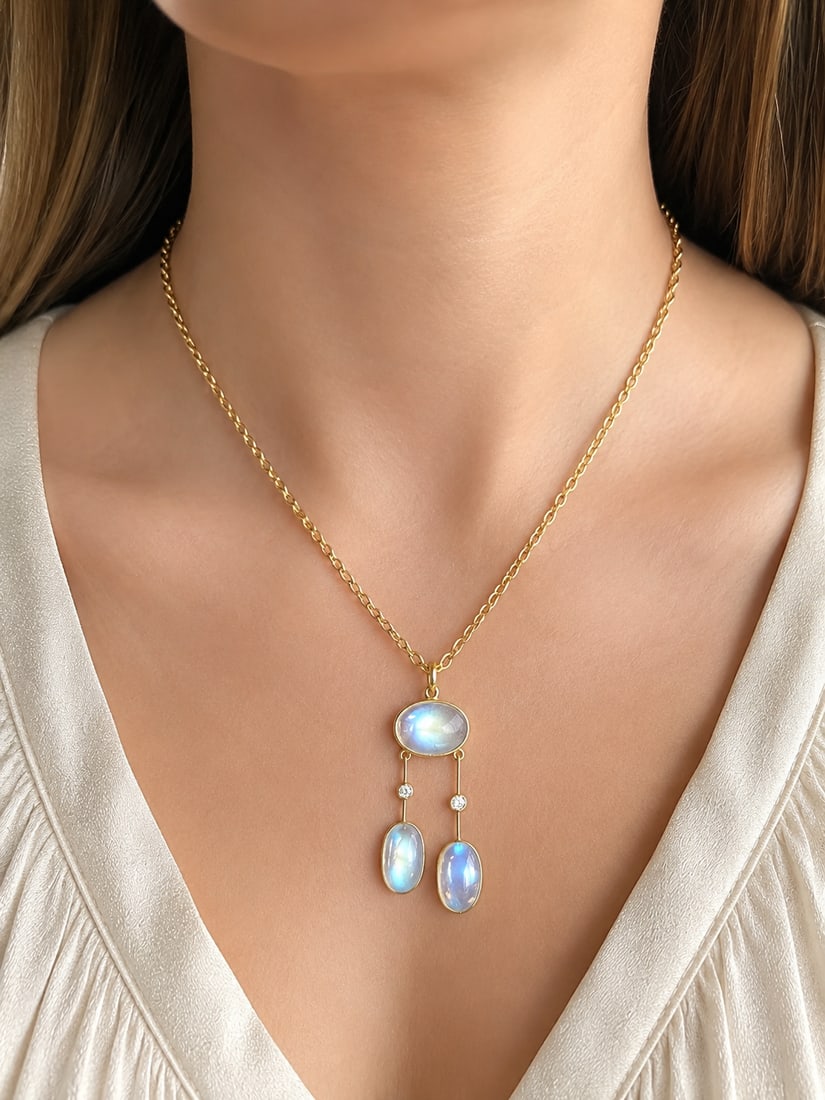 ELEGANT GOLD MOONSTONE AND DIAMOND PENDANT: ELEGANT GOLD MOONSTONE AND DIAMOND PENDANT 9.9 grams vibrant matching moonstones lively old cut diamondspendant L 5.1 cm with yellow metal chain